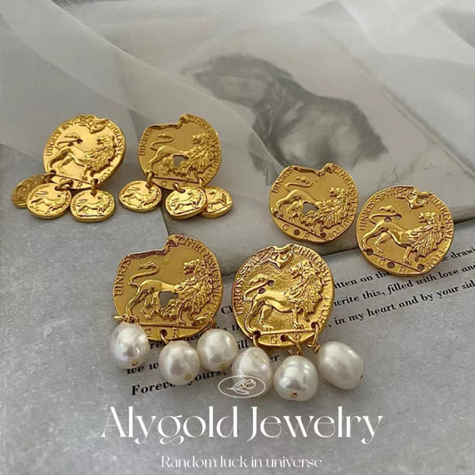 16.  Vintage Niche Lion Coin Pearl Pendant High-End Stud Earrings