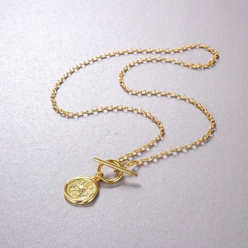 08.Silver Inspired Sweater Chain - Gold Rose Flower Embossed Coin Necklace