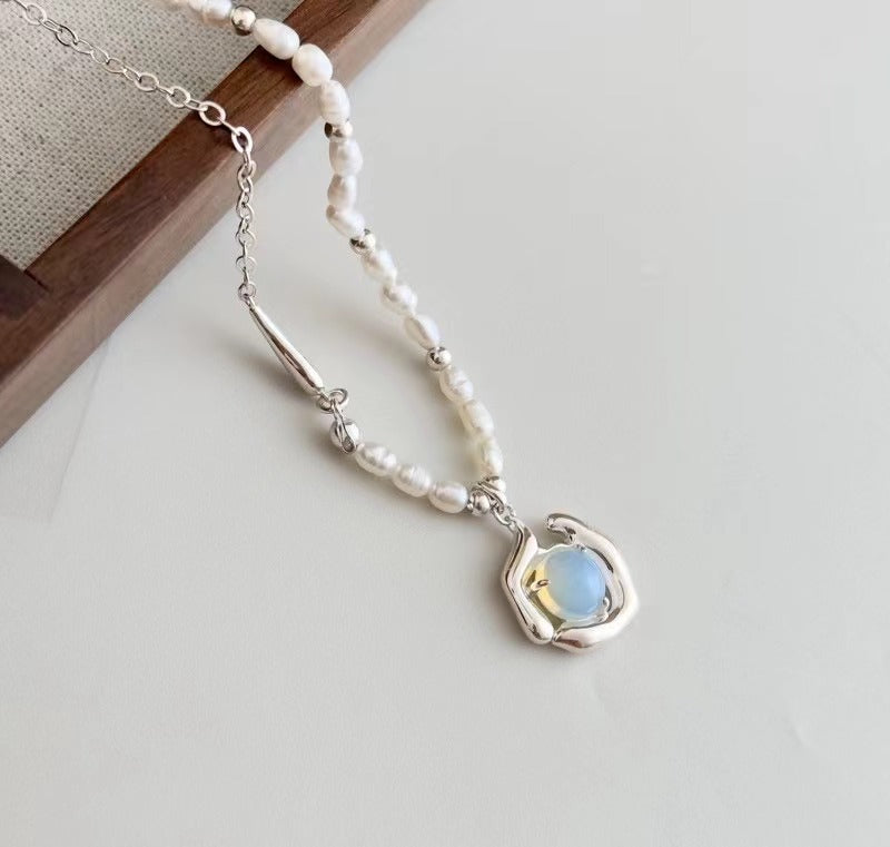 03.Silver Opal Necklace with Irregular Fluid Design