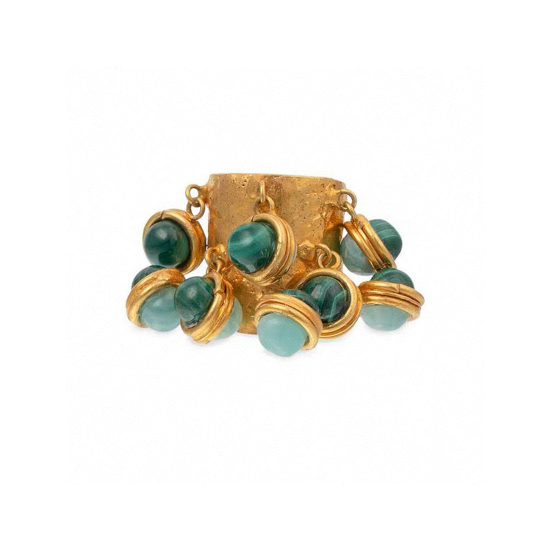 15.  Vintage Gold-Plated Brass Ring with Natural Malachite and Glazed Pearl