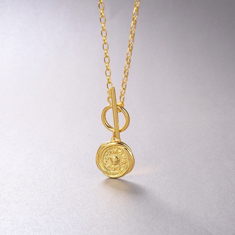 08.Silver Inspired Sweater Chain - Gold Rose Flower Embossed Coin Necklace