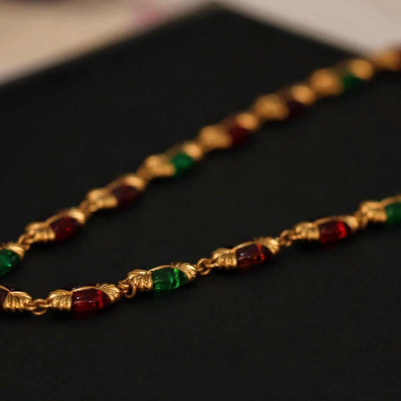 19. Red and Green Glass Plated Gold High-End Niche Necklace