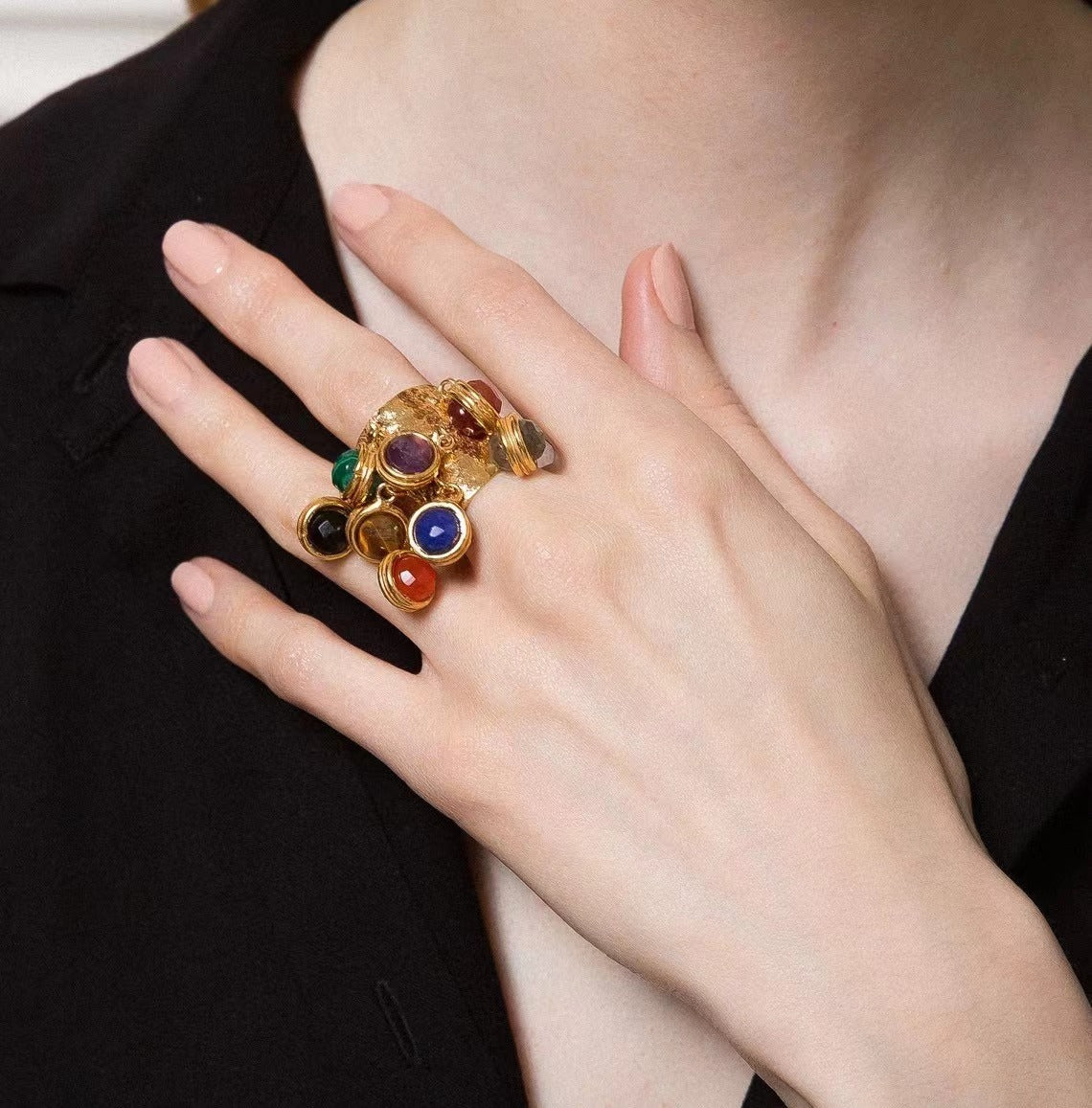 15.  Vintage Gold-Plated Brass Ring with Natural Malachite and Glazed Pearl